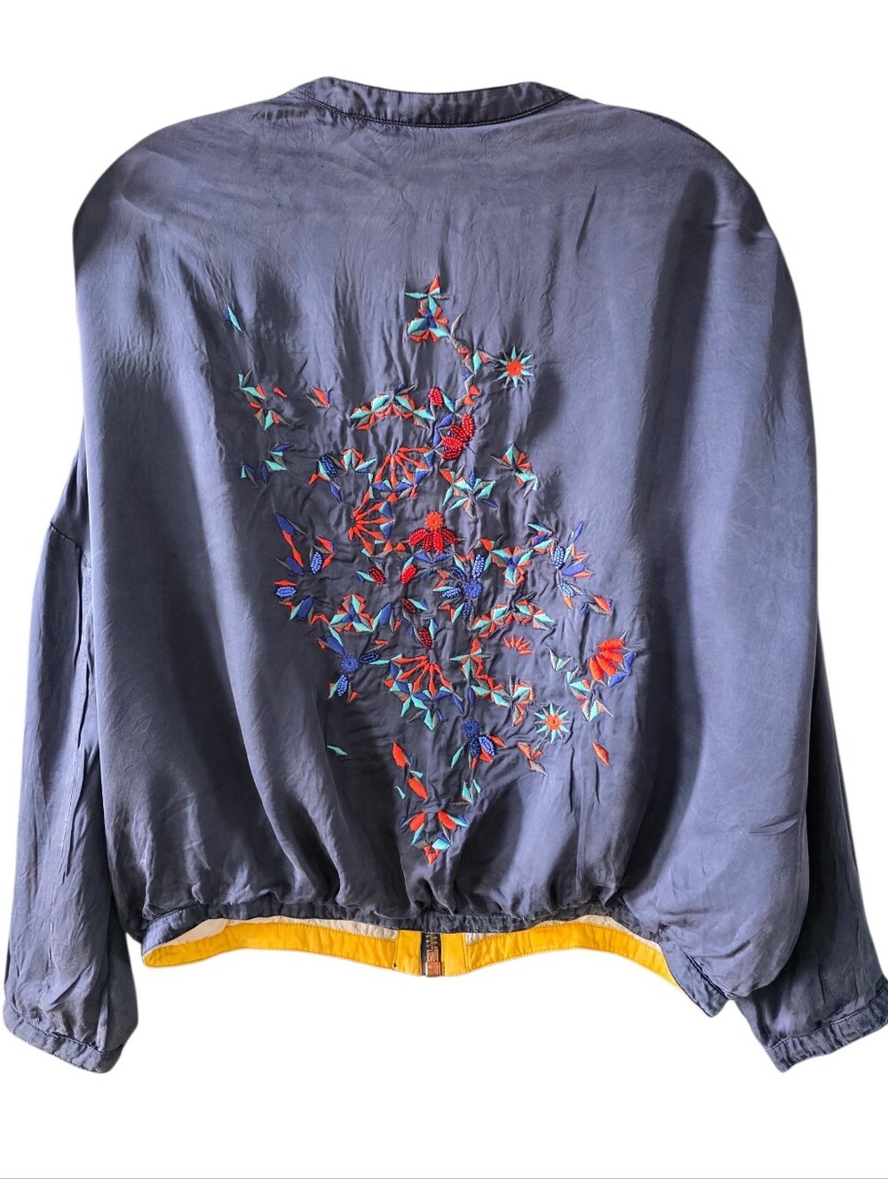 Eleven Paris Blue Bomber Jacket with Floral Beaded Embroidery On Back EU 34/XS